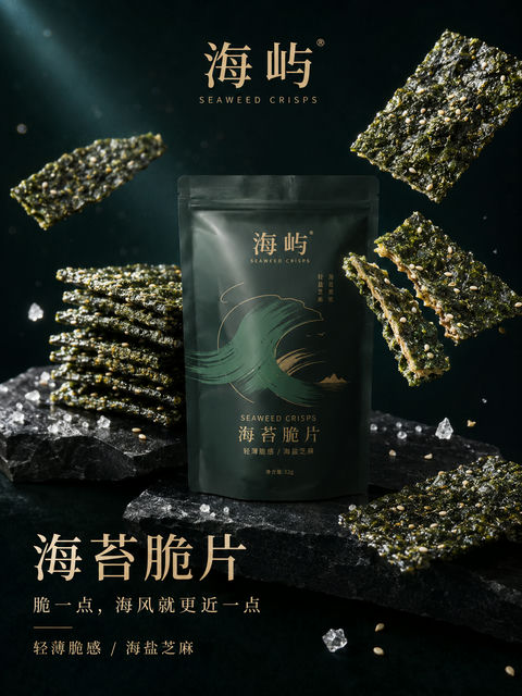 高级感海苔脆片零食海报设计 - AI图片提示词示例