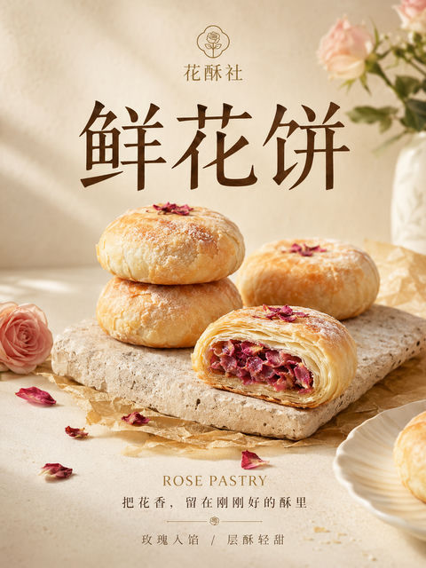 高级质感玫瑰鲜花饼中式烘焙海报 - AI图片提示词示例