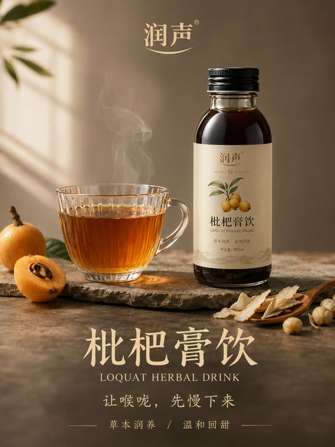 润声枇杷膏草本饮品高端质感海报 - AI图片提示词示例