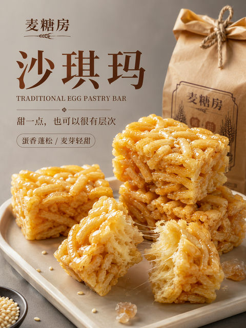 麦糖房沙琪玛高端写实美食摄影海报 - AI图片提示词示例