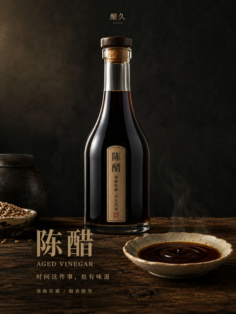 酿久陈醋高端写实静物广告海报 - AI图片提示词示例