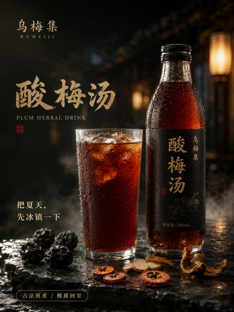 夏夜冰凉乌梅集酸梅汤海报 - AI图片提示词示例