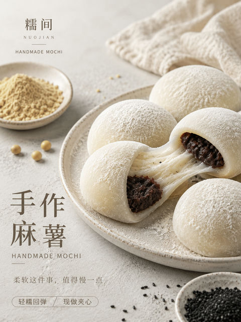 糯间手作麻薯高级感写实食品海报 - AI图片提示词示例