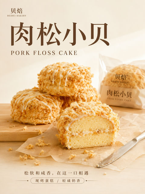 贝焙肉松小贝精品烘焙静物美学海报 - AI图片提示词示例