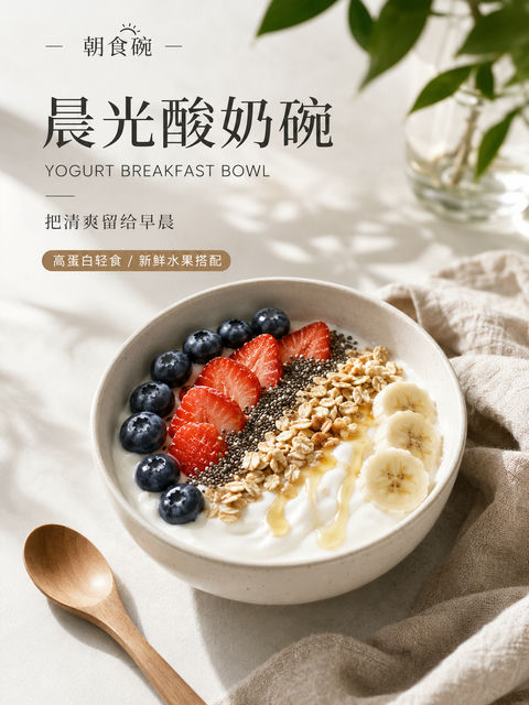 晨光朝食碗极简高端健康轻食海报 - AI图片提示词示例