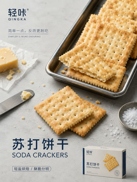 极简主义轻咔苏打饼干商业摄影海报 - AI图片提示词示例
