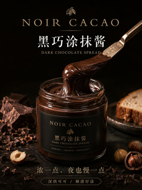 奢华黑巧丝绒抹酱：沉浸式高级质感食品海报 - AI图片提示词示例