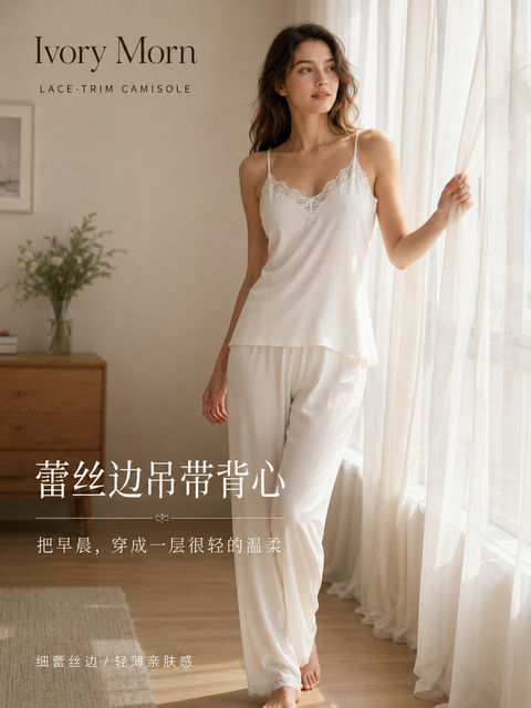 象牙白蕾丝吊带背心清晨家居写真海报 - AI图片提示词示例