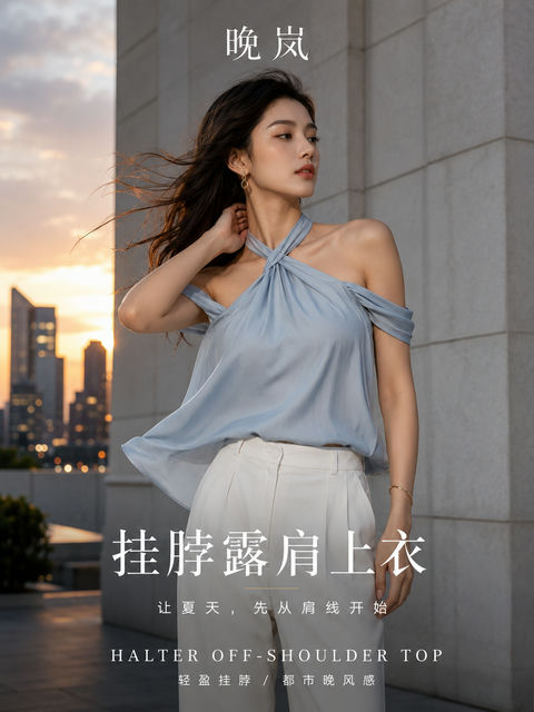 晚岚都市时尚挂脖露肩上衣视觉海报 - AI图片提示词示例