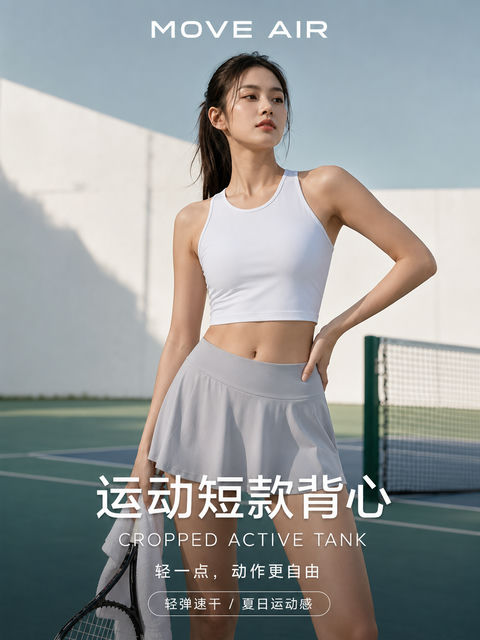 晨间网球场清新活力运动背心时尚海报 - AI图片提示词示例