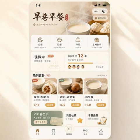 社区早餐摊点餐小程序界面设计方案 - AI图片提示词示例
