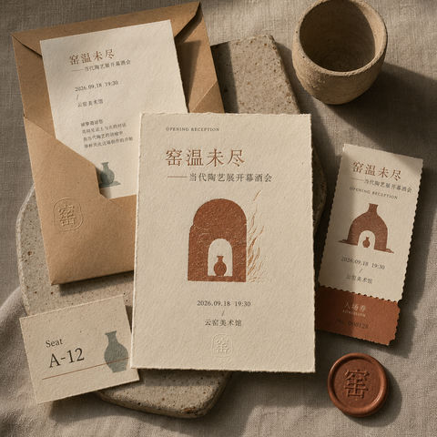 当代陶艺展开幕酒会窑火余温邀请函 - AI图片提示词示例