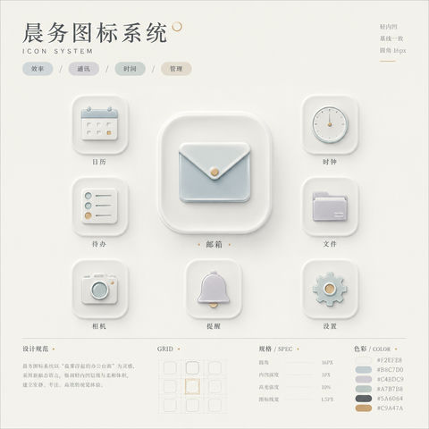 晨雾感新拟态极简办公系统图标展示板 - AI图片提示词示例