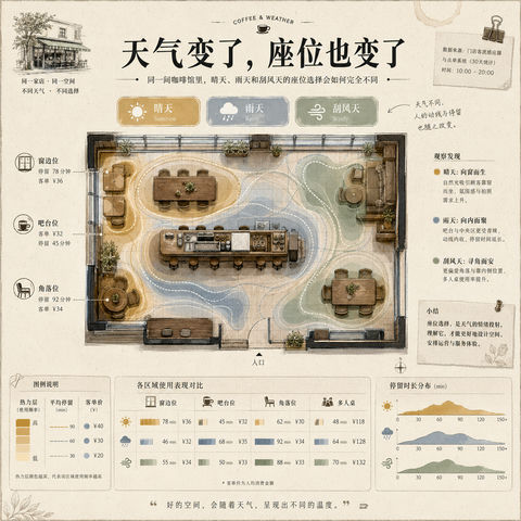 咖啡馆天气与座位选择偏好数据长图 - AI图片提示词示例