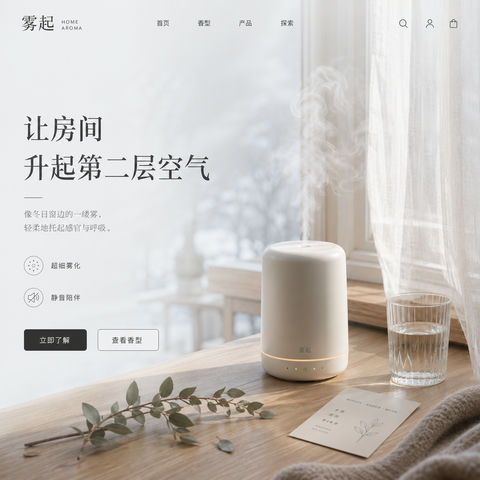 冬日窗边香薰机品牌官网首页视觉设计 - AI图片提示词示例