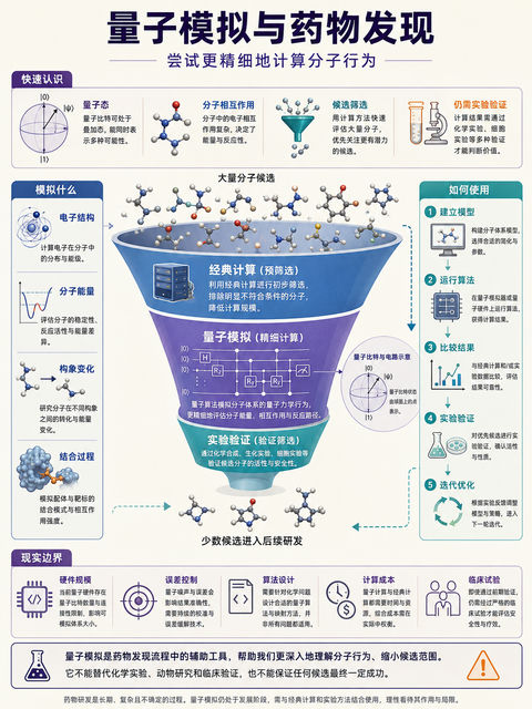 量子模拟加速新药研发技术百科信息图 - AI图片提示词示例