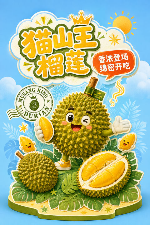 Q版猫山王榴莲吉祥物可爱立牌设计 - AI图片提示词示例