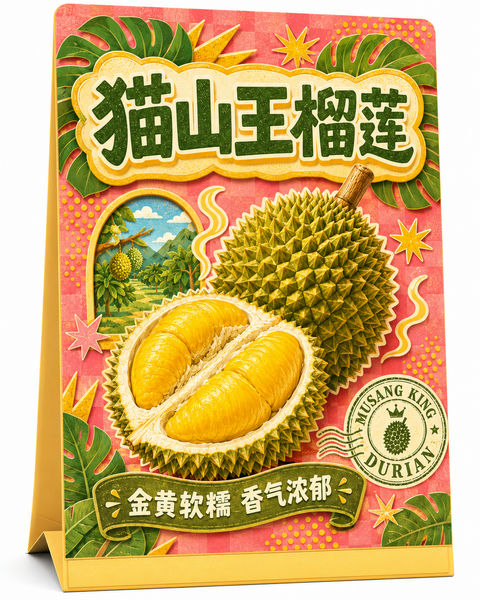 珊瑚粉色猫山王榴莲创意桌面台卡设计 - AI图片提示词示例