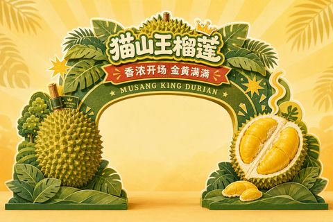 猫山王榴莲主题Q版剪纸风活动入口拱门设计 - AI图片提示词示例