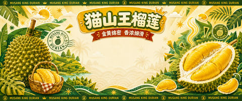 盛夏猫山王榴莲主题插画拍照墙 - AI图片提示词示例