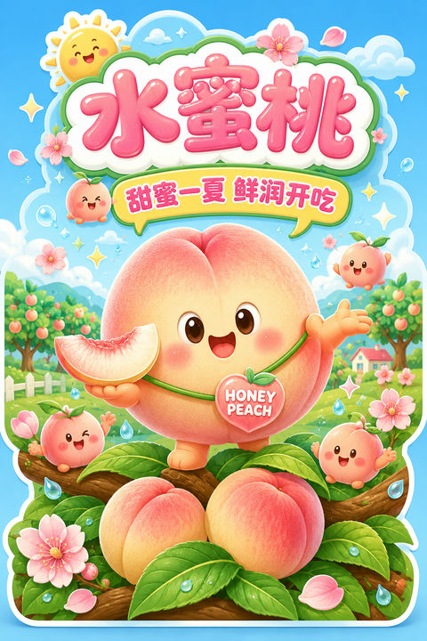 软萌水蜜桃拟人化Q版立牌设计 - AI图片提示词示例