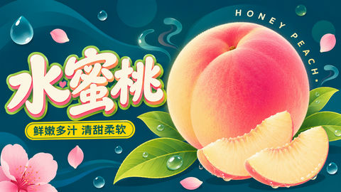 深蓝背景下的鲜甜水蜜桃扁平插画 - AI图片提示词示例