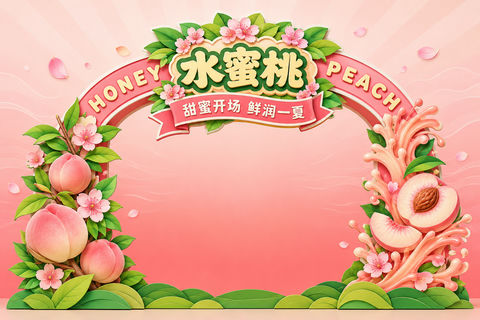 粉嫩水蜜桃主题活动入口拱门美陈设计 - AI图片提示词示例