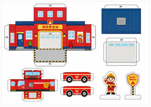 趣味城市消防站手工折纸模型A4打印模板 - AI图片提示词示例