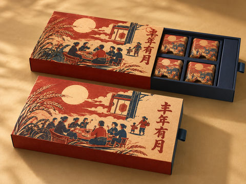 丰年有月：木版年画风中秋月饼礼盒设计 - AI图片提示词示例