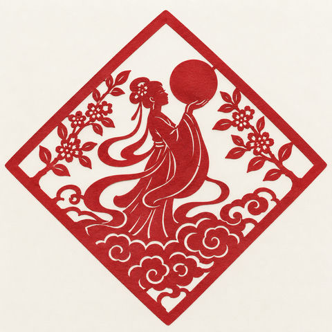 红色方胜窗花中秋古典女子托月影 - AI图片提示词示例