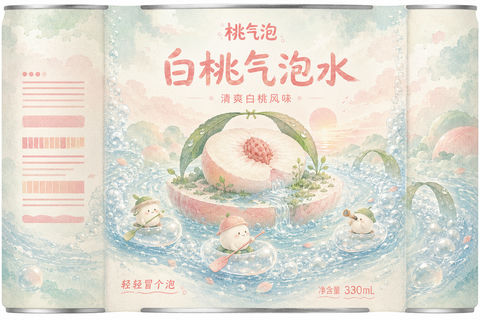 白桃气泡河上的奇幻漂流插画包装设计 - AI图片提示词示例