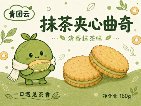 青团云抹茶曲奇清新插画包装设计 - AI图片提示词示例