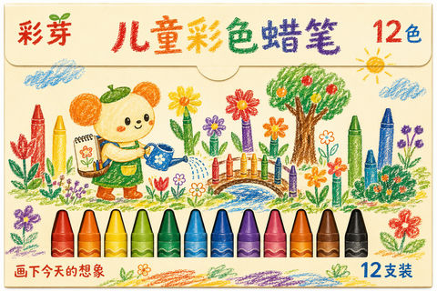 彩芽童话花园儿童十二色蜡笔包装插画 - AI图片提示词示例