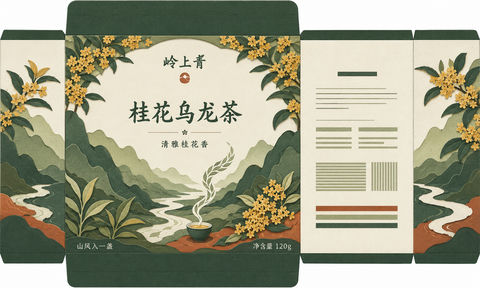 岭上青桂花乌龙茶民俗纸刻风格包装设计 - AI图片提示词示例