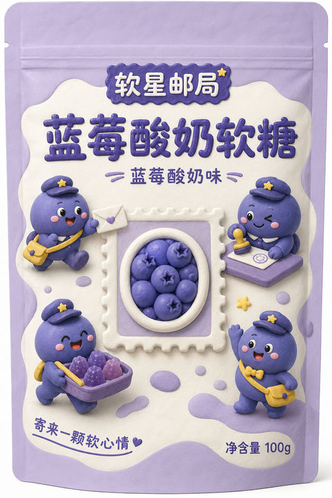 软星邮局蓝莓酸奶味软糖黏土风包装插画 - AI图片提示词示例