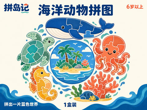 拼岛记海洋动物几何构图拼图包装插画 - AI图片提示词示例