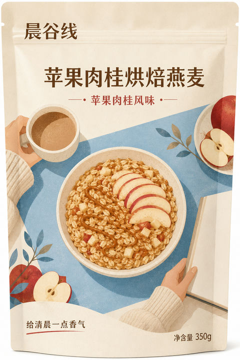 晨谷线苹果肉桂燕麦自立袋包装插画 - AI图片提示词示例