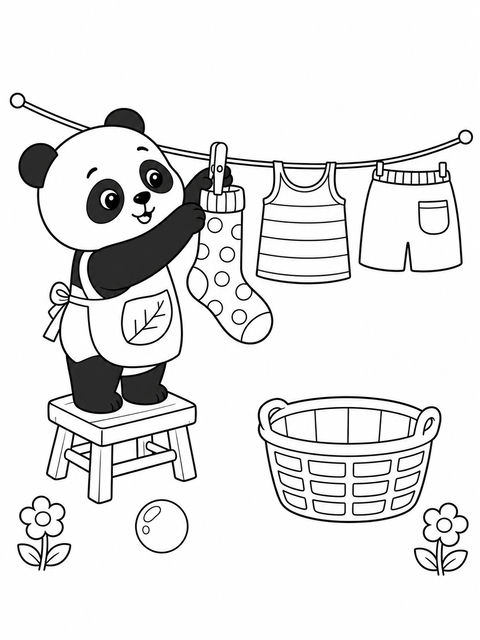 熊猫晾晒波点袜子儿童简笔涂色页 - AI图片提示词示例