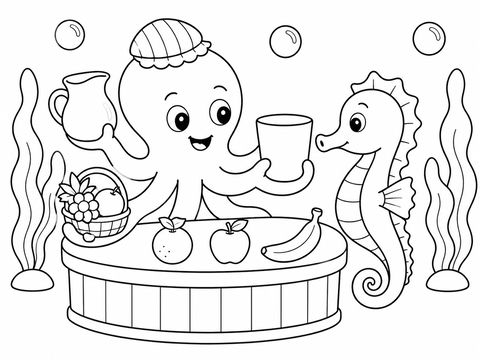 章鱼小厨师的海底果汁店儿童涂色页 - AI图片提示词示例