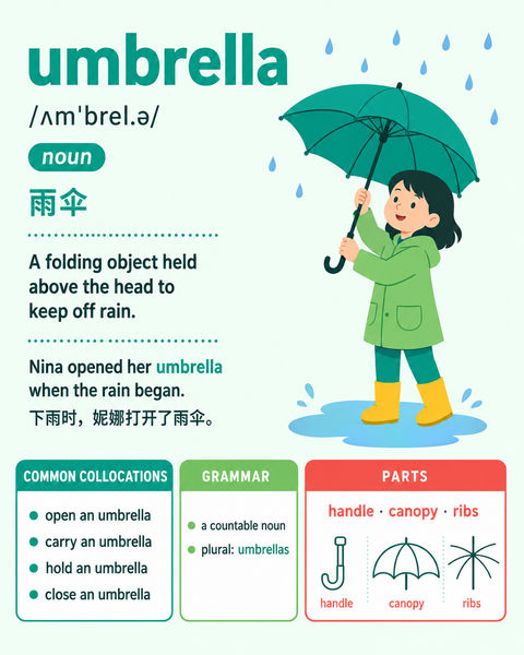 精致英语词汇学习卡片：雨伞篇 - AI图片提示词示例