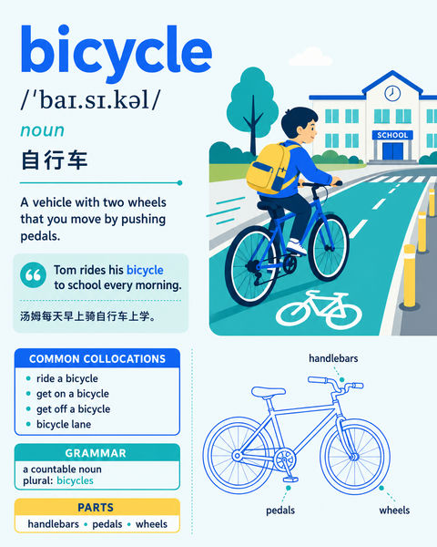 极简海洋风英语词汇卡自行车篇 - AI图片提示词示例