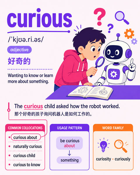 活力浆果色系英语单词好奇学习卡片 - AI图片提示词示例