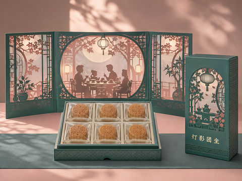 灯影团坐：中秋原创屏风月饼礼盒设计 - AI图片提示词示例