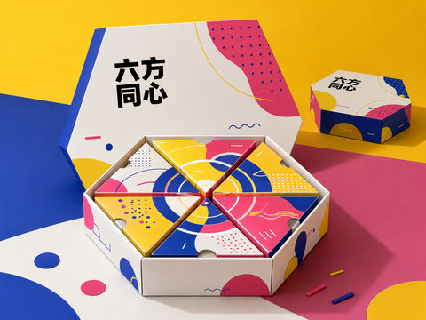 孟菲斯风格六方同心中秋月饼礼盒设计 - AI图片提示词示例