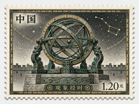 青铜浑仪古星图纪念邮票设计 - AI图片提示词示例