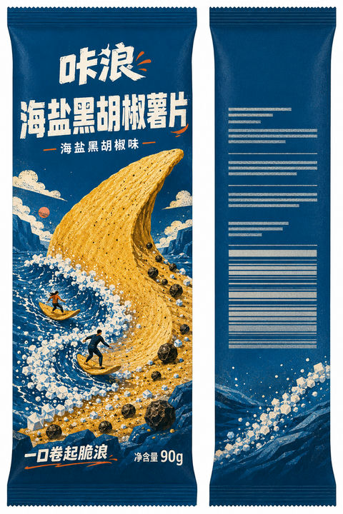 咔浪海盐黑胡椒薯片插画包装设计 - AI图片提示词示例