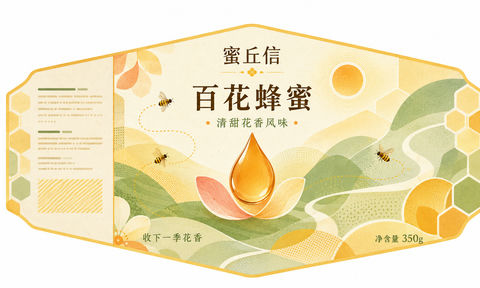 蜜丘信百花蜂蜜现代几何平面包装设计 - AI图片提示词示例