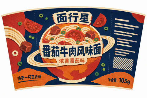 面行星番茄牛肉面创意纸艺包装 - AI图片提示词示例