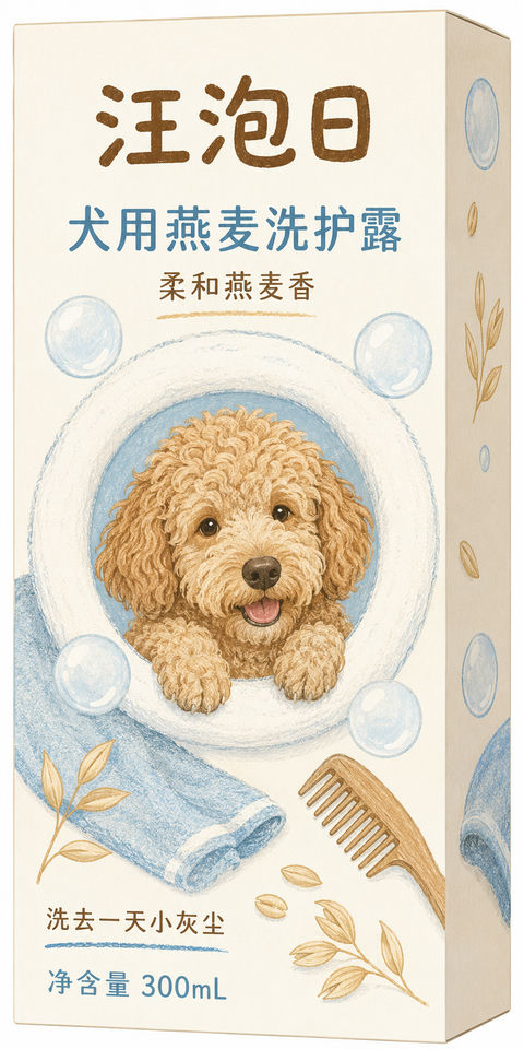 汪泡日燕麦犬用洗护插画设计 - AI图片提示词示例