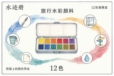 水迹册旅行水彩包装插画设计 - AI图片提示词示例
